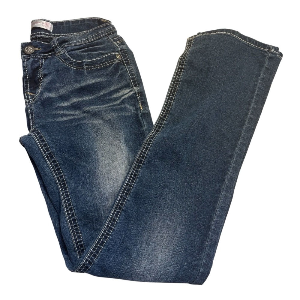 No Boundaries Jeans Size 5 Jrs Dark Blue Boot Cut Mineral Wash Sequined Pockets - Picture 2 of 12